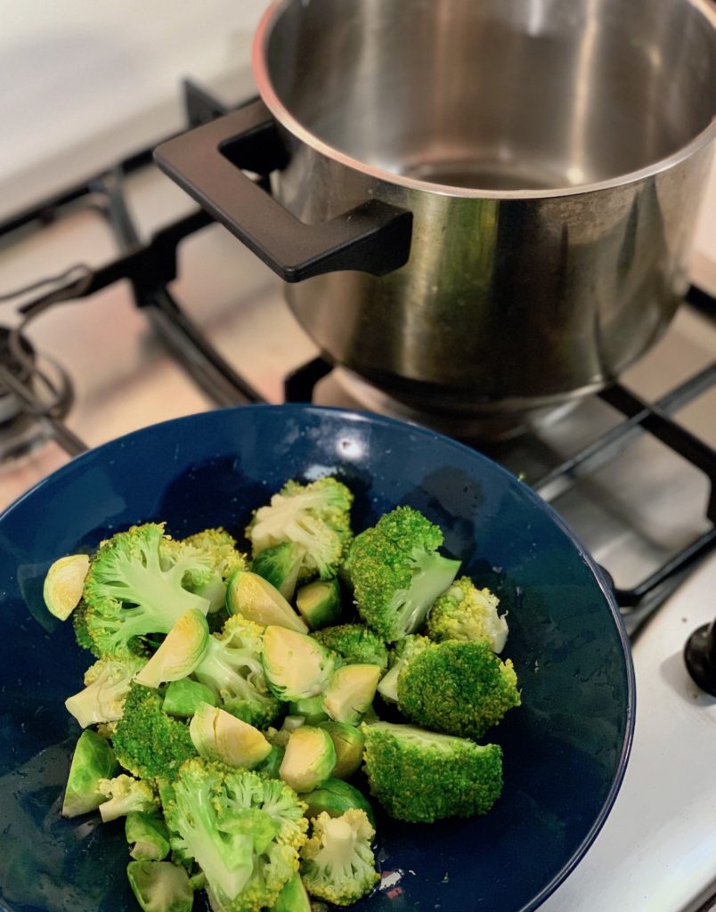 Cooked broccoli and brussels sprouts
